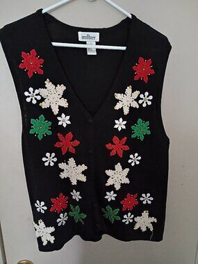 Vintage In Resource Christmas Sweater Vest L Black Snowflake Poinsettia